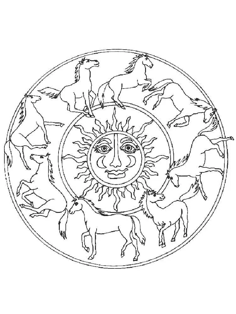 Pferde und Sonne Tiere Mandala Ausmalbild